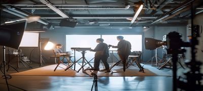 天美传媒专业摄影棚内导演与摄影师协作拍摄品牌广告片，灯光精准布置、画面质感专业