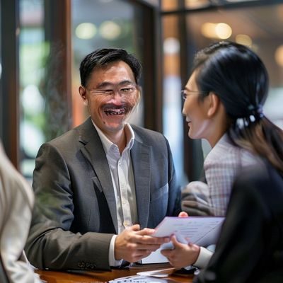 天美传媒客户成功总监王芳宇，在客户接待室内与企业代表进行深度沟通，面带亲切笑容，手持笔记本认真记录客户需求，体现了公司以客户为中心的服务理念